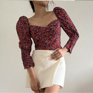 ZARA Floral Puff Sleeve Heart Shape Top Size Large